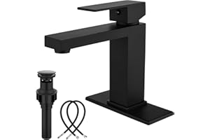 Midanya Bathroom Faucet 1 Hole, Single Handle Stainless Steel Bathroom Sink Faucet, Modern Vanity Faucets with Deck Plate,Water Supply Hoses and Pop Up Drain,Matte Black