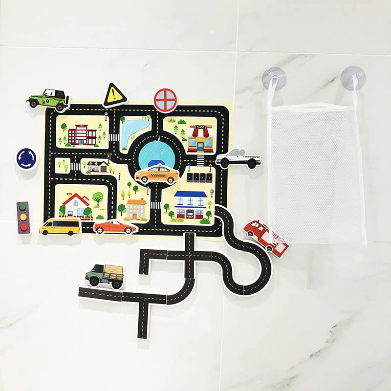 Gonetre Kids Bathing Puzzle Toys Foam Educational DIY Cute Water Sticky Wall Bath Toys for Baby Boys Girls Early Learning Bath Time Fun (Car Track)
