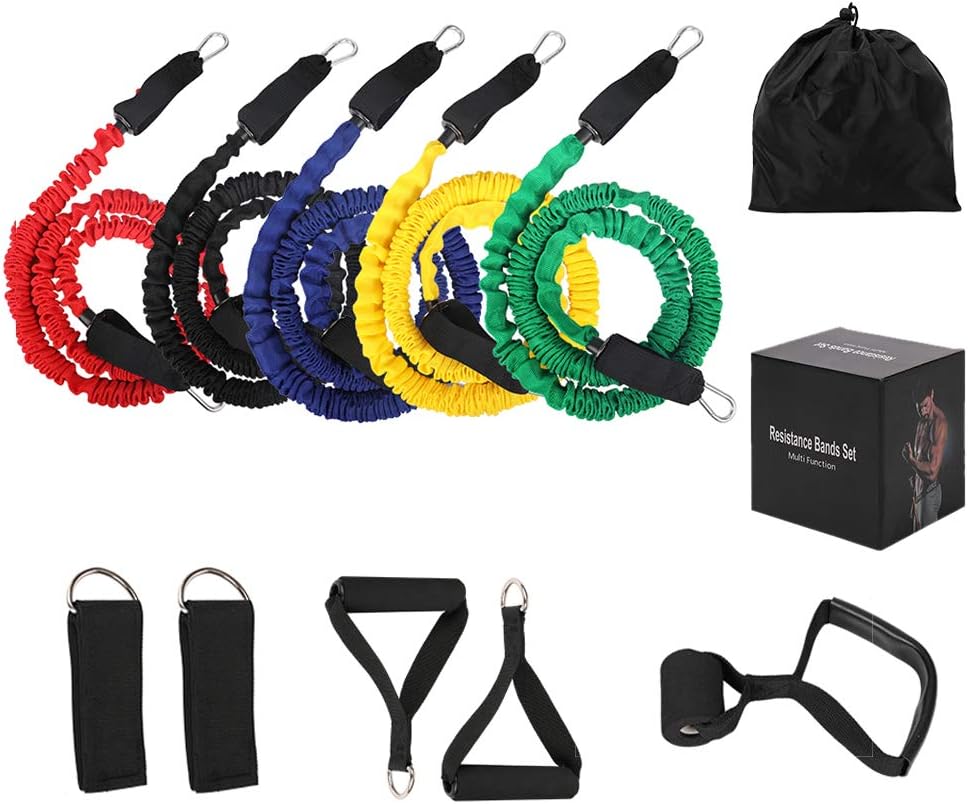 SHENGMEI Latex Tension Tube Belt Resistance Bands Set, 11 Pieces Exercise Elastic Bands Set,Latex Tension Tubes with Double Protection-Safety Nylon Sleeves