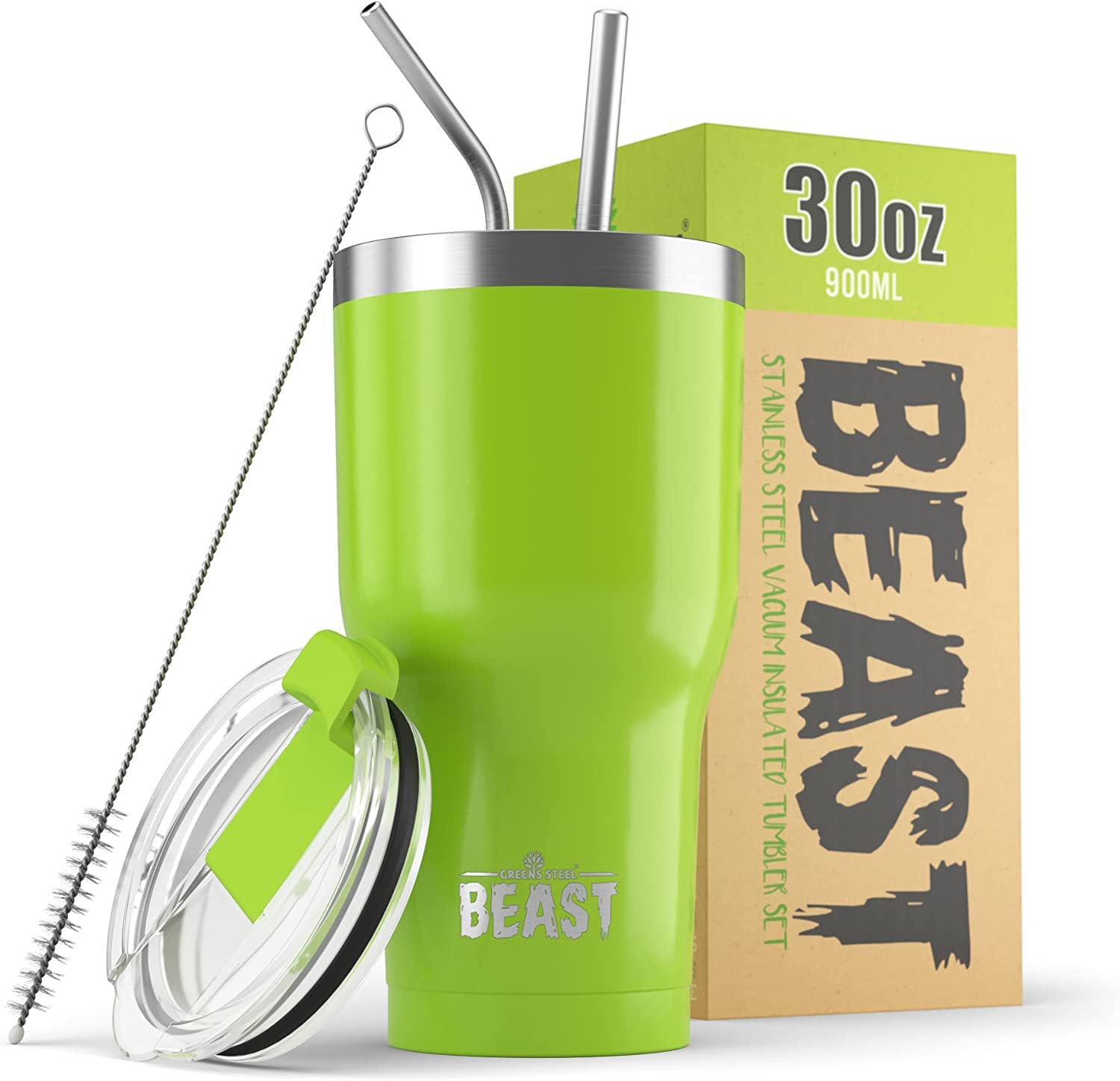 Beast Tumbler - 900 ml (30 oz), Green | Reusable Stainless Steel, Vacuum Insulated Cup | with + 2 Straws & Cleaning Brush | Double Wall Travel Flask Perfect for Hot or Iced Coffee | BPA Free