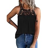 FARORO Black Tank Tops for Women Boho Vest Lace Halter Neck Shirts Sleeveless Loose Fit Blouses Basic Plain Tees Top Casual Camisole