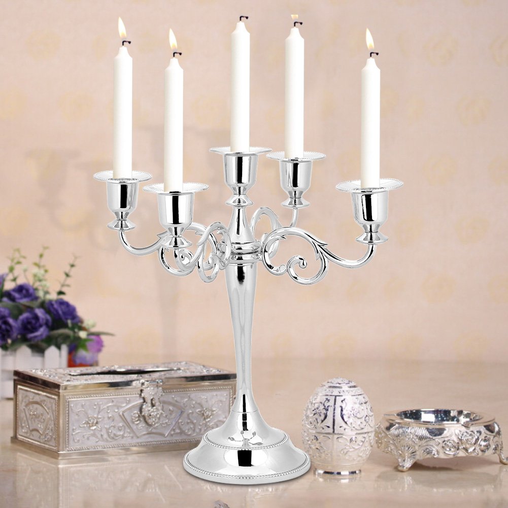 Tbest Candelabras Centrepiece Black,Christmas Candelabra Centrepiece,Candlestick Holders 5 Arms Vintage Candlestick Metal Crafts Candle Holder Stand Wedding Party Home Decor Silver (Silver)