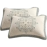 vctops 2-Piece Elegant Floral Embroidered Pillow Shams Queen Size 100% Cotton Quilted Decorative Pillow Shams Set (Blue,20"x26")