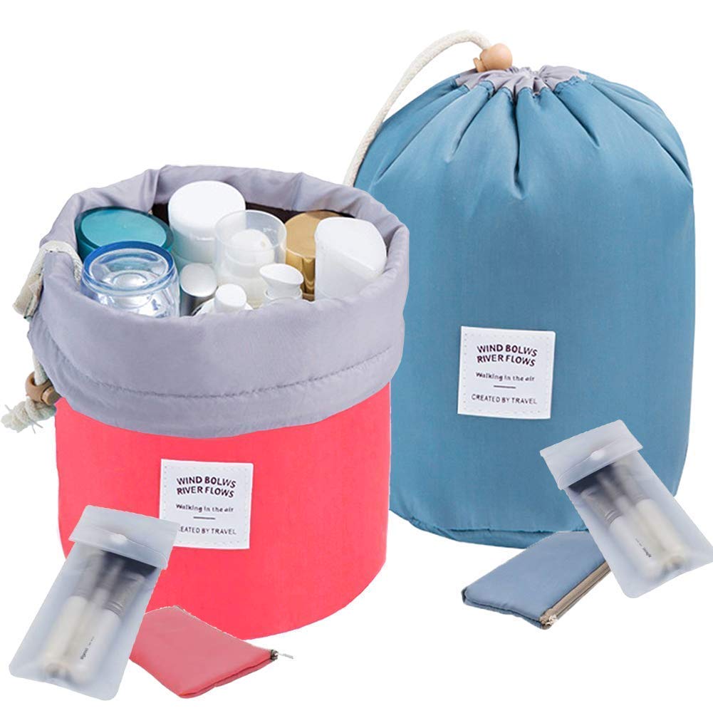 Large Makeup Bag for Women INVODA Travel Cosmetic Bags Portable Drawstring Makeup Bag with White Transparent Makeup Brush Bags Best Mothers Day Birthday Gifts for Women Girl Lady(Red+Blue)