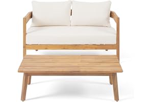 Christopher Knight Home Alina Outdoor Acacia Wood Loveseat Set with Coffee Table, Teak and Beige