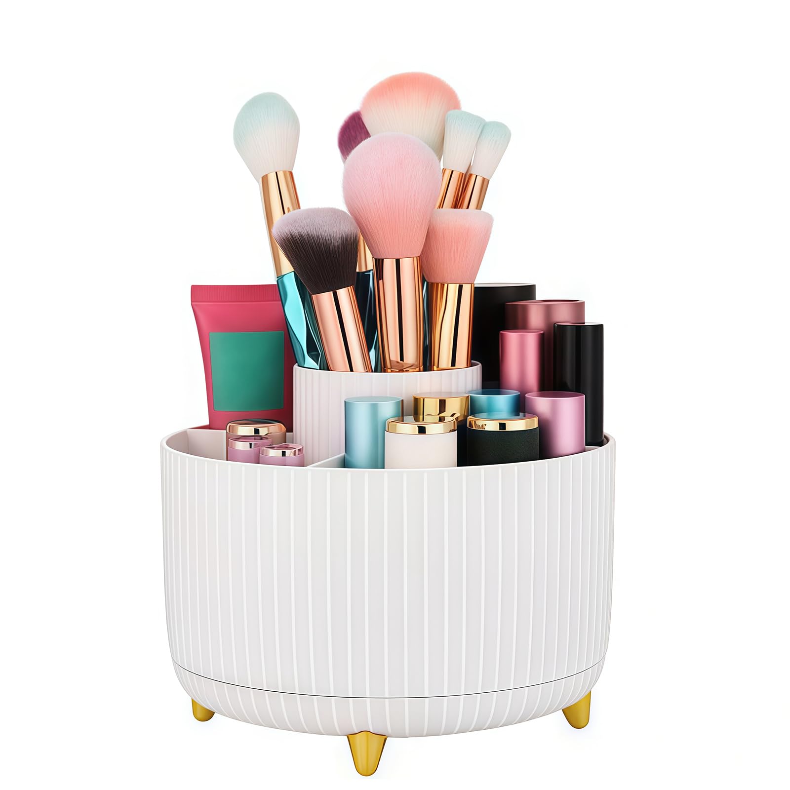 Gerhannery 360° Rotating Pen Holder, Makeup Organiser with 5 Compartments (ABS Material), Multi-Functional Desktop Tidy Organiser, Makeup Brush Holder for Home Office Supplies Storage (Cream White)