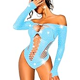 Kaei&Shi Rave Outfits For Women, Rhinestone Bodysuit Fits 0-16, Exotic Dancer Sexy Tops, Fishnet Stripper Plus Size Lingerie