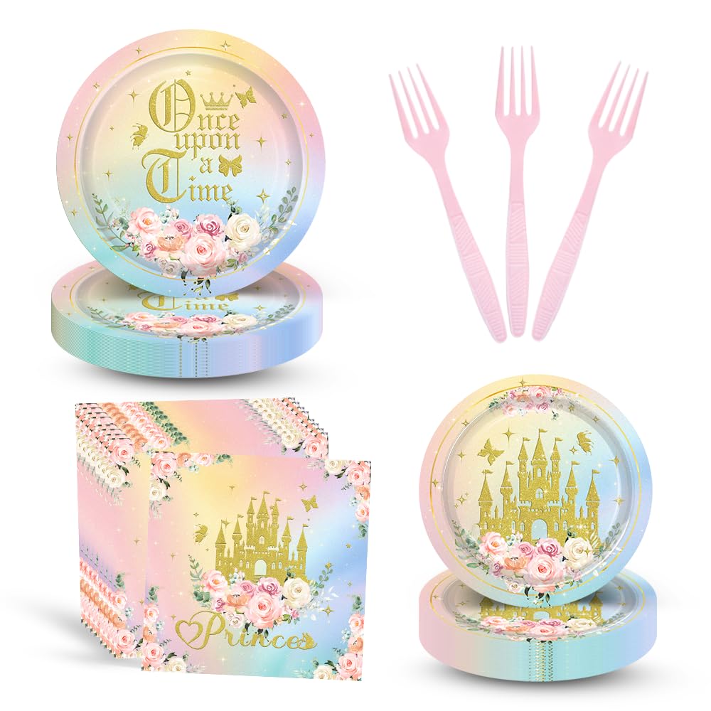 Photo 1 of MAYSSKQ 96PCS Princess Castle Plates and Napkins Girls Gold Princess Flower Castle Birthday Tableware Set Watercolor Pastel Rainbow Castle Party Table Decorations Favors Serves 24 Guests