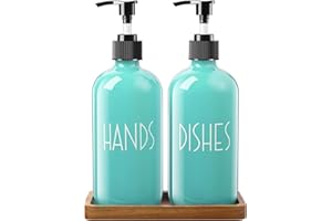 ALELION Turquoise Dish Soap Dispenser for Kitchen - 16 OZ Glass Hand Soap Dispenser Set with Pump and Acacia Wood Tray - Turquoise Kitchen Decor & Teal Kitchen Accessories
