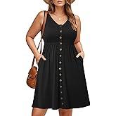Holipick Women's Plus Size Summer Dresses for Women Casual Dress with Pockets A-Line Swing Button Down Sleeveless V Neck