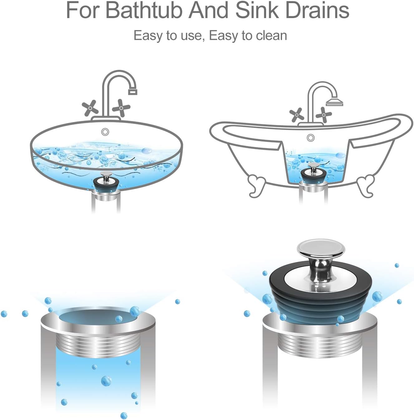 LEKEYE Universal Bathtub Stopper for Bathtub and Bathroom Sink Drains, Black and Gray-2 Pack(Patented Product) - - 