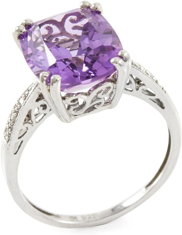 Glamouresq Sterling Silver 12mm Cushion Cut Genuine Amethyst & Round Cut Natural Diamonds Women's Ring, Size 7