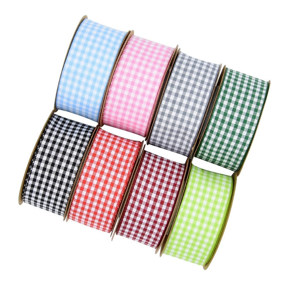 Hrlace Checked Ribbon, 8 Rolls 15 mm Wide, Checked Ribbons for Crafts, Mixed Colours, Vichy Check, Decorative Ribbon, Buffalo Ribbon, Christmas Ribbon, Bow Ribbon for Gift, Packaging, Wedding, Party