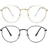 Onrtry Circle Blue Light Glasses for Women Men Round Metal Frame Computer Gaming Eyeglasses 2 Pack