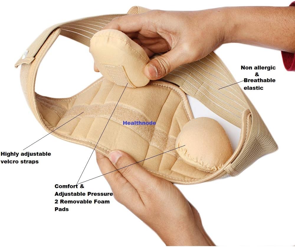 Healthnode(TM) Inguinal Hernia Belt for Men Post Surgery Hernia Pain Relief Truss Brace for Double/Single Inguinal Superior Comfort & Adjustable Pressure 2 Removable Foam Pads (Beige, Small)