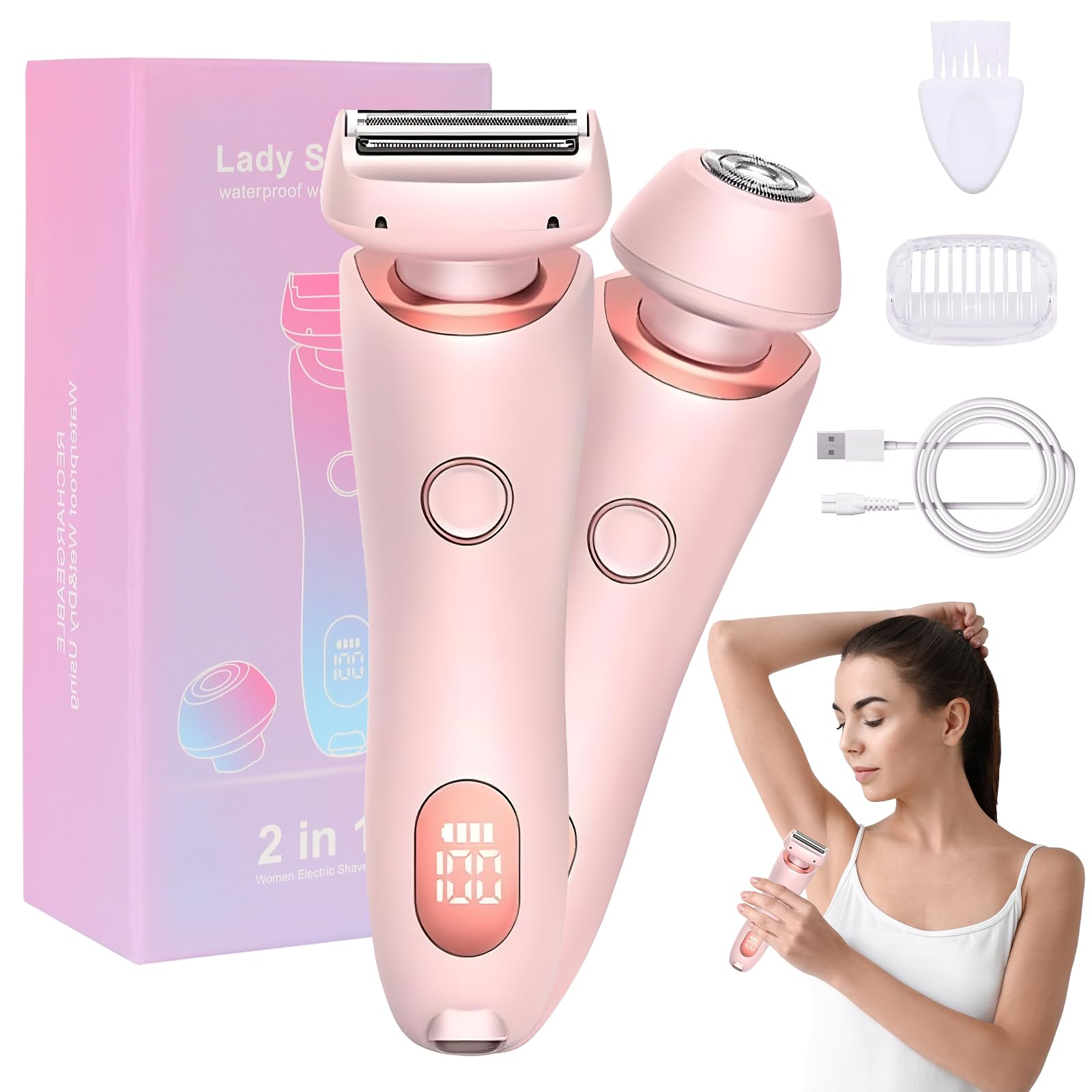 Lady Shavers for Women, Comfort 2 in 1 Electric Razor, Ladies Bikini Trimmer with Wet and Dry Use, Rechargeable Pubic Hair Trimmer for Body Arms Legs Underarm