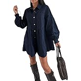 utcoco Women's Oversized Denim Shirt Dress Casual Long Sleeve Heart Button Mini Dress with Pockets (Large, Dark Blue)