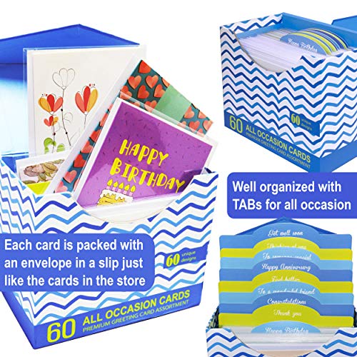 60 Pack Assorted All Occasion Greeting Cards - 60 UNIQUE DESIGN, BIG 5" x 7", Happy Birthday, Get Well, Thank You, Congratulations, Message Inside, Magnetic Bulk Box Set Variety Pack w/Thick Envelope - Thumbnail 3