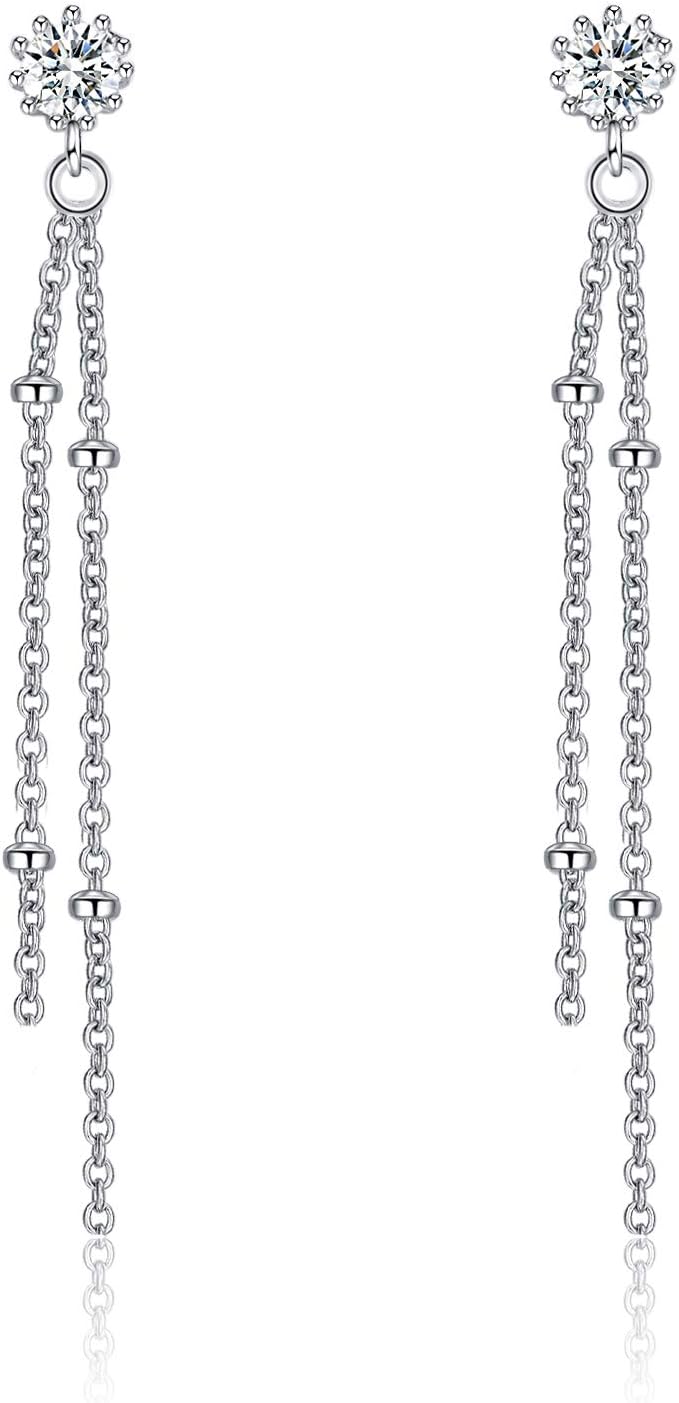 Sterling Silver Tassel Earrings, Cubic Zirconia Long Chain Stud Drop Earrings for Women Teens