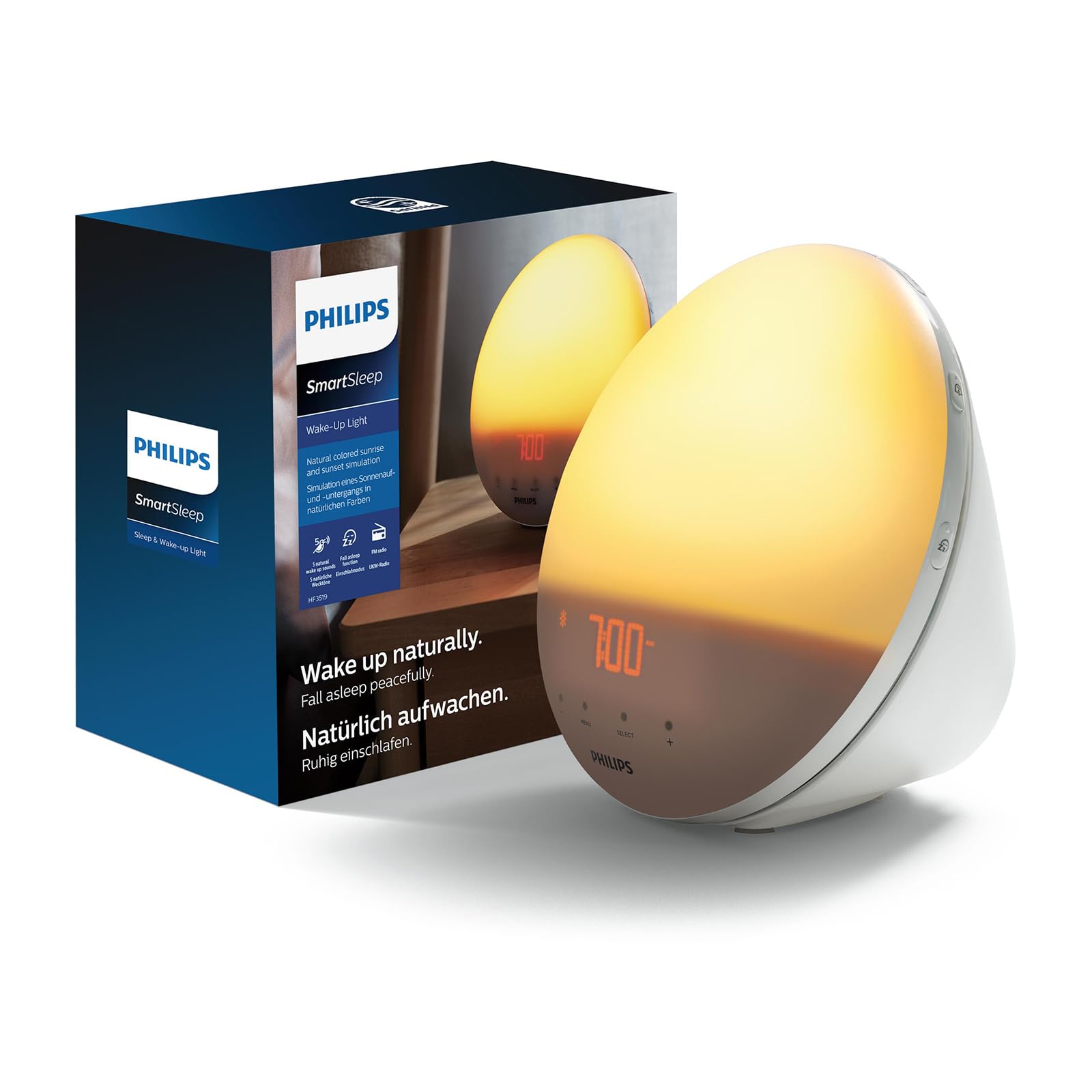 Philips SmartSleep Wake-up Light – Nachttischlampe & Wecker, Farbige Sonnenaufgangssimulation, 20 Helligkeitseinstellungen, 6 natürliche Wecktöne, Mitternacht-Lichtfunktion, Modell HF3521/01