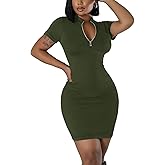 Ribbed Bodycon Dresses for Women Short Sleeve Summer Zip Up Front Casual Mini Tank Dress