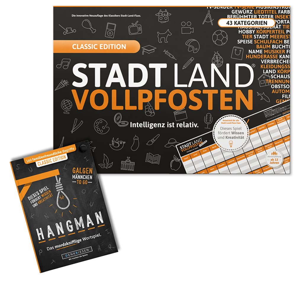 DENKRIESEN Classic Duo 2 - Stadt-Land Vollpfosten Classic Edition + Hangman Classic Edition Family Game Party Game Secret Santa Gift