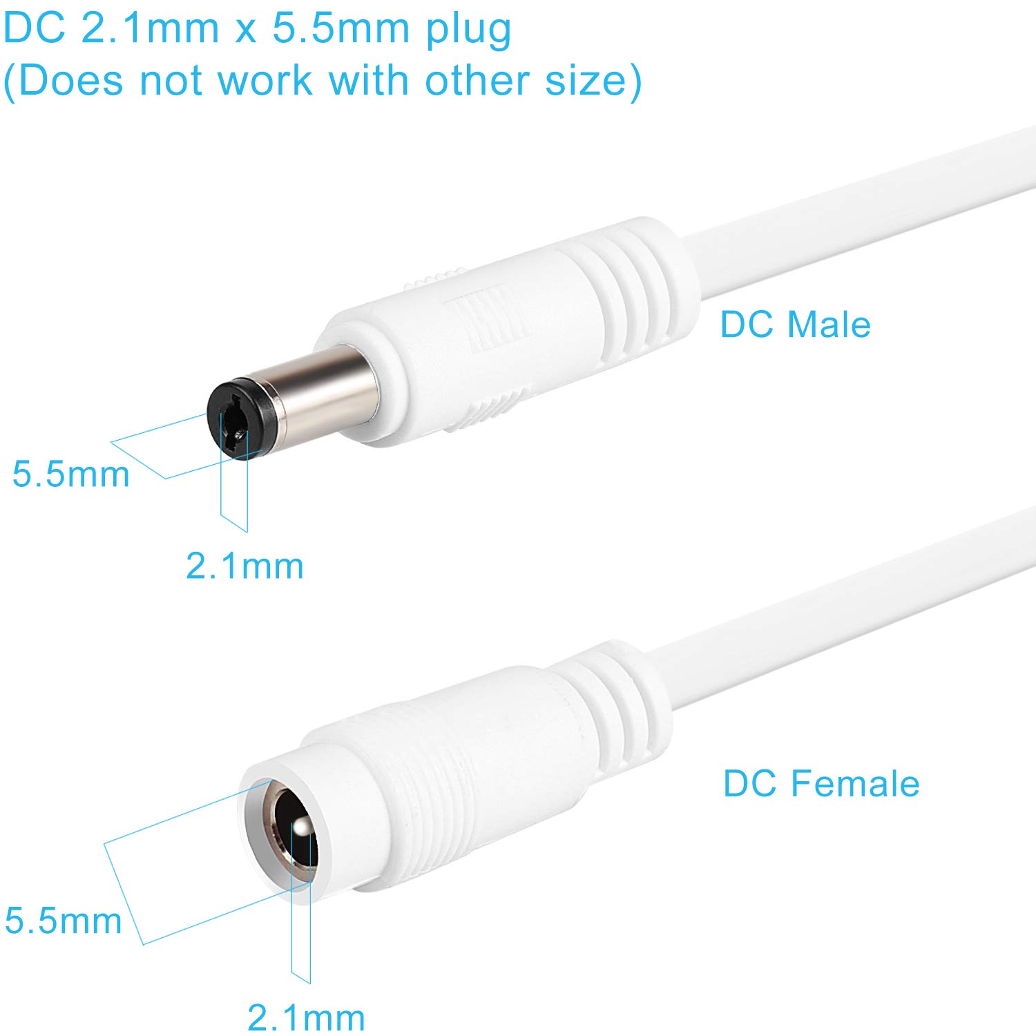 2 Pack DC Power Extension Cable 10ft 2.1mm x 5.5mm Compatible with 12V DC Adapter Cord for CCTV IP Camera, LED, Car, White