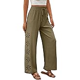 EVALESS Womens Beach Pants Summer Boho Drawstring Elastic Waist Hollow Out Textured Wide Leg Vacation Clothes