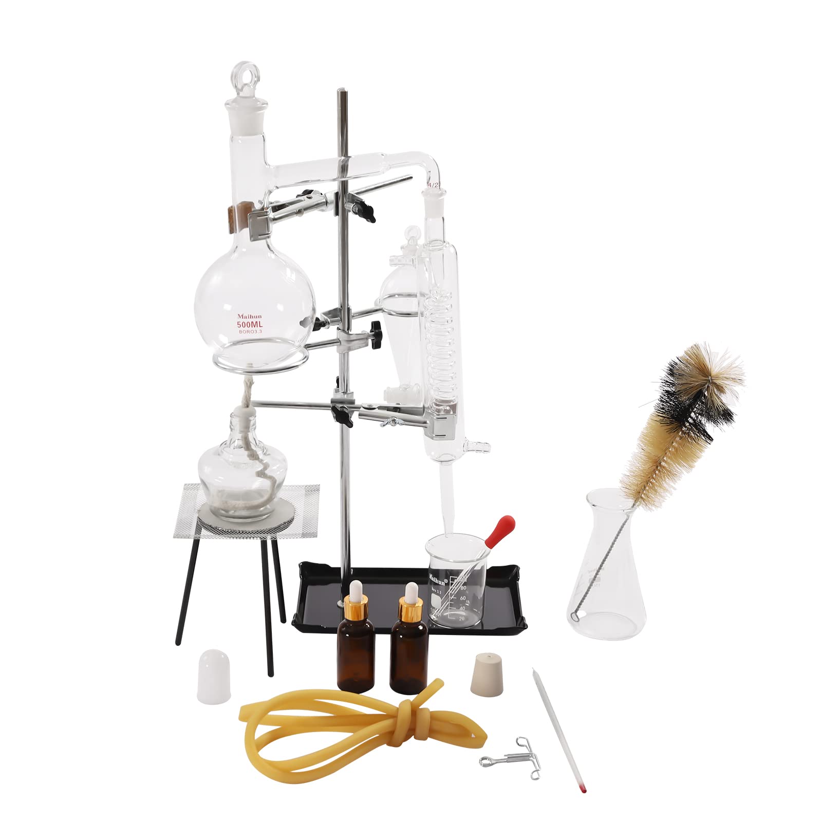 Photo 1 of 500ml Lab Distillation Apparatus, Essential Oil Separator Lab Glassware Full Kit, Water Distiller Purifie w/Condenser Tube&Funnel Steaming Glassware Equipment for Home School Lab Clear