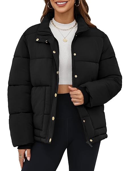 FUNLINGO WOMENS WINTER PUFFER JACKET CASUAL STAND COLLAR ZIP UP WARM CROPPED COATS LIGHTWEIGHT QUILTED PADDED OUTERWEAR WITH POCKETS BLACK S