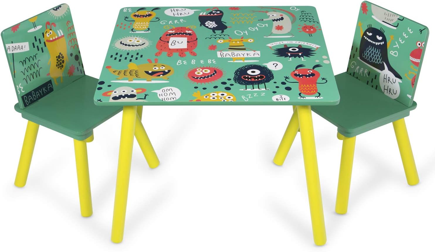Homestyle4u 1855 Children S Wooden Table And Chairs Colourful Monster Amazon De Kuche Haushalt