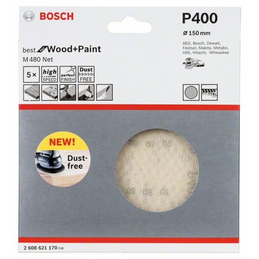 Bosch Professional Set of 5 Sanding Sheets M480 Best for Wood and Paint (Wood and Paint, Ø 150 mm, grit P400, Accessories for Random Orbit Sander)