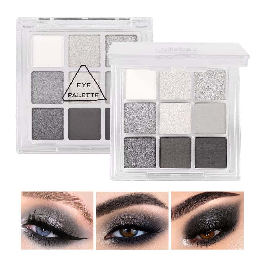 AMY'S DIARY Black Smokey Silver Glitter Shimmer Eye Eyeshadow Makeup Palette,9 Colors Cool Toned Matte Glitter Make Up Black Radiance Eyeshadow Palette Sombras De Ojos Profesional(A)