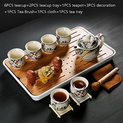 CUPWENH Creative Vintage Ceramic Chinese Kung Fu Tea Set 6 Teacup 2 Tea Cup Tray 1 Tea Brush 1 Cloth 3Decoration 1 Tea Tray 1 Teapot Kit,D