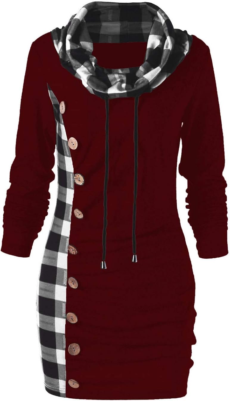 plaid trim cowl neck tunic sweatshirt dress