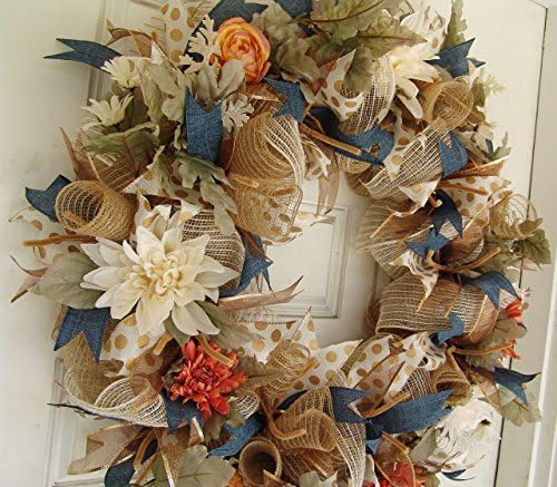 Fall Floral Dahlia Wreath, Farmhouse Autumn Front Door Porch Patio, Wedding, Thanksgiving Decoration, Anniversary Gift, Country Peach Denim