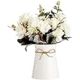 Farmlyn Creek White Roses Flower Vase, Silk Artificial Flowers Arrangement with Ceramic Pot (6.2 X 6.3 X 12 in)