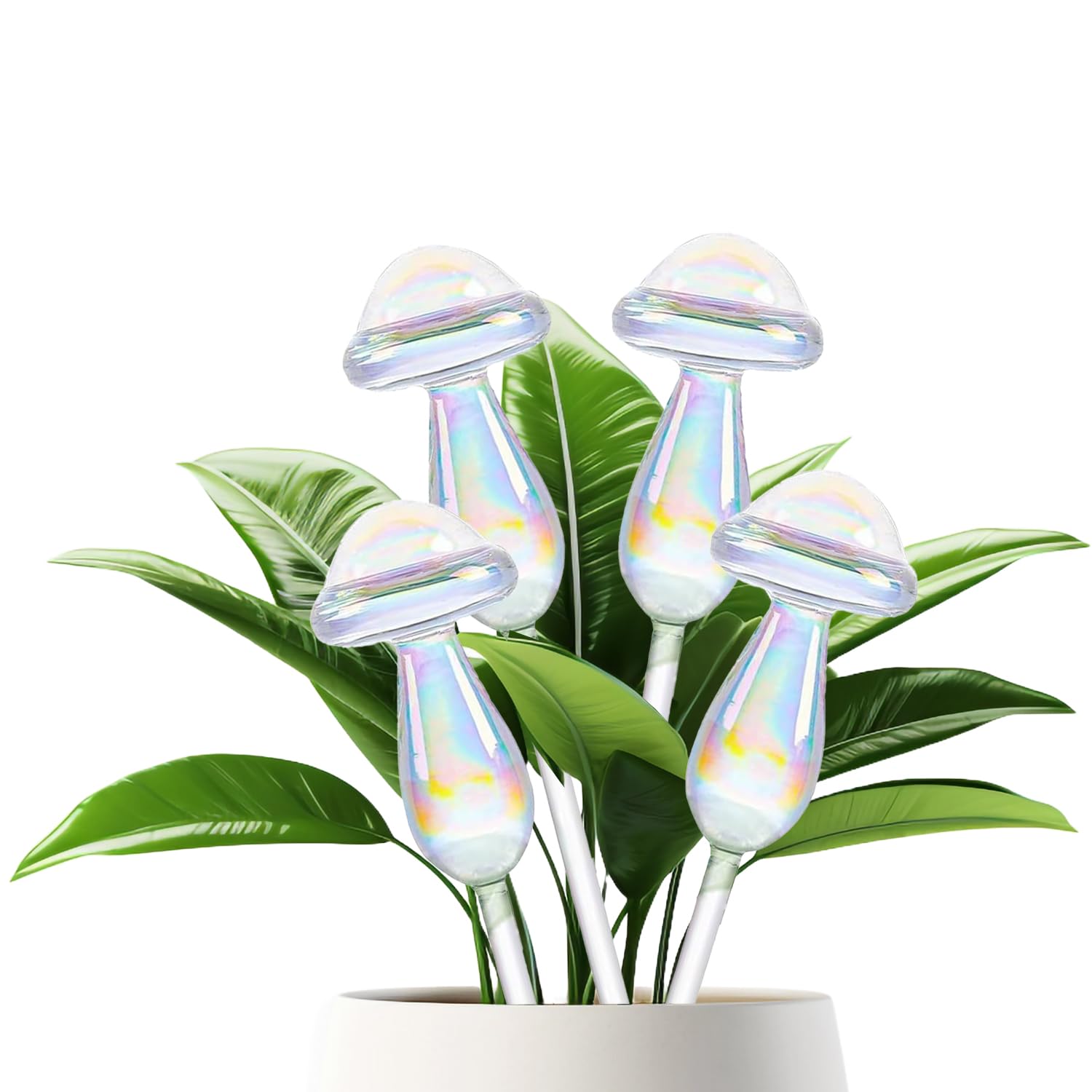 Esshogo Pack of 4 Plant Watering Balls, Iridescent Rainbow Gradient, Clear Mushroom, Reflective Design Glass Watering Bulbs for Indoor Plants, Garden and Balcony Plant Insert