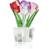 KRISININE Crystal Colorful Rose Bouquet Figurines Glass Red Pink Purple Flowers Gift for Women Wedding Party Collectible Figurines