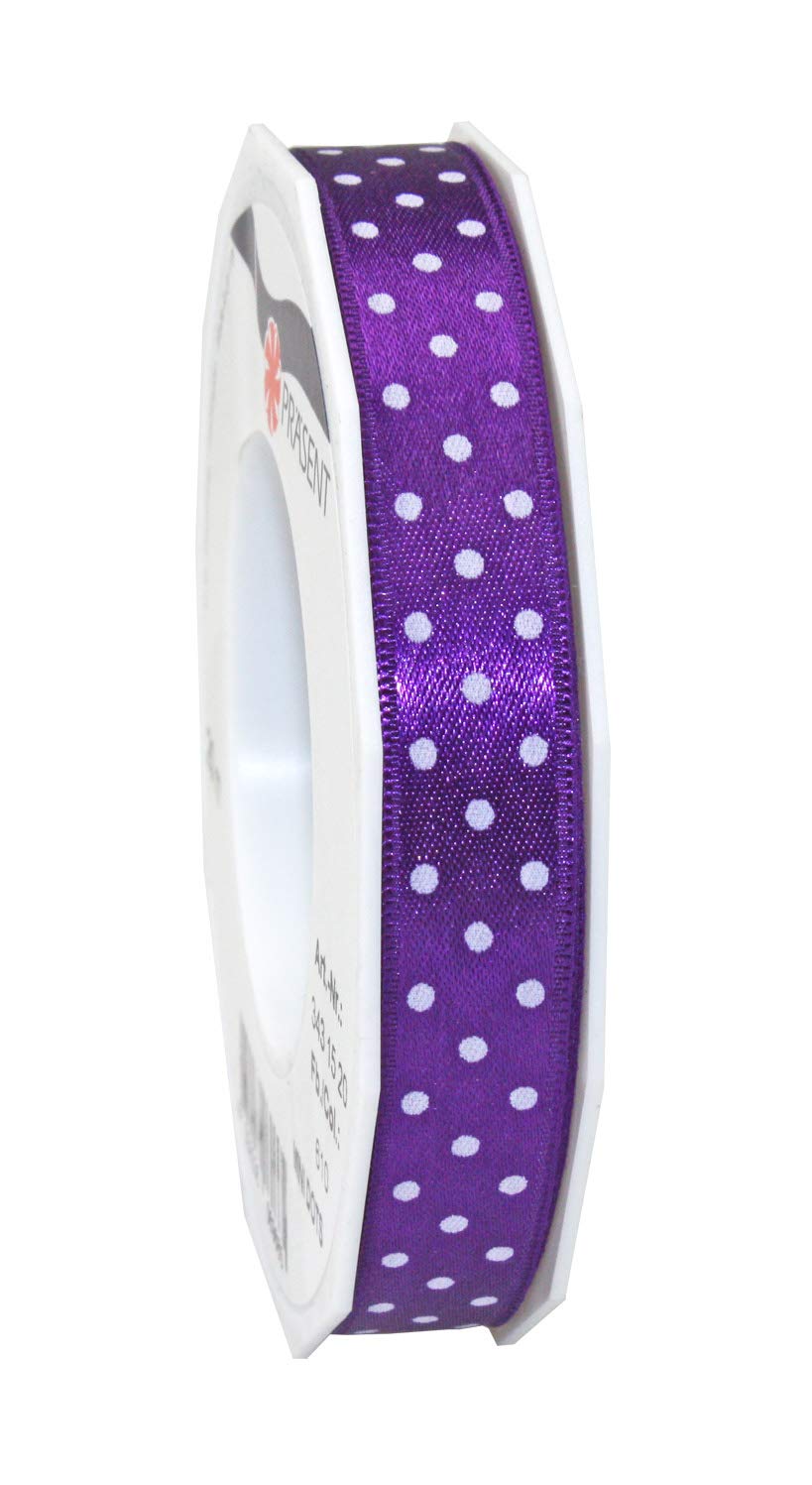 Präsent - Mini Dots Printed Satin Ribbon Violet 15 mm Width, 20 m Length