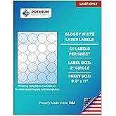 Premium Label Supply Glossy White Sticker Round Labels – 2" Circle – (20 per Sheet) (Glossy White for Laser Only, 200 Labels)