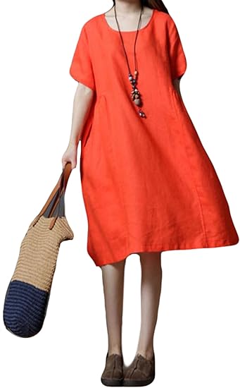 Amazon Yitong レディース ワンピース 夏 半袖 ワンピース ゆったり ロングスカート 綿麻 無地 スカート 大振り子 セット頭 ストレート ワンピース ポケットを付け シンプル ワンピース 薄手 通学 通勤 パーティー デート ワンピース チュニック 通販