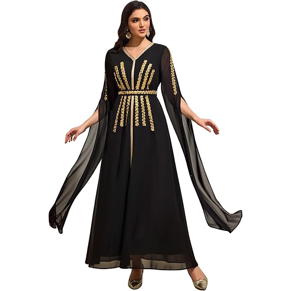 Amazon.com: Abaowedding Elegant Black Muslim Robe, Gold Embroidered Trim,  Long Sleeve Maxi Dress (A-Black, XS) : Clothing, Shoes & Jewelry