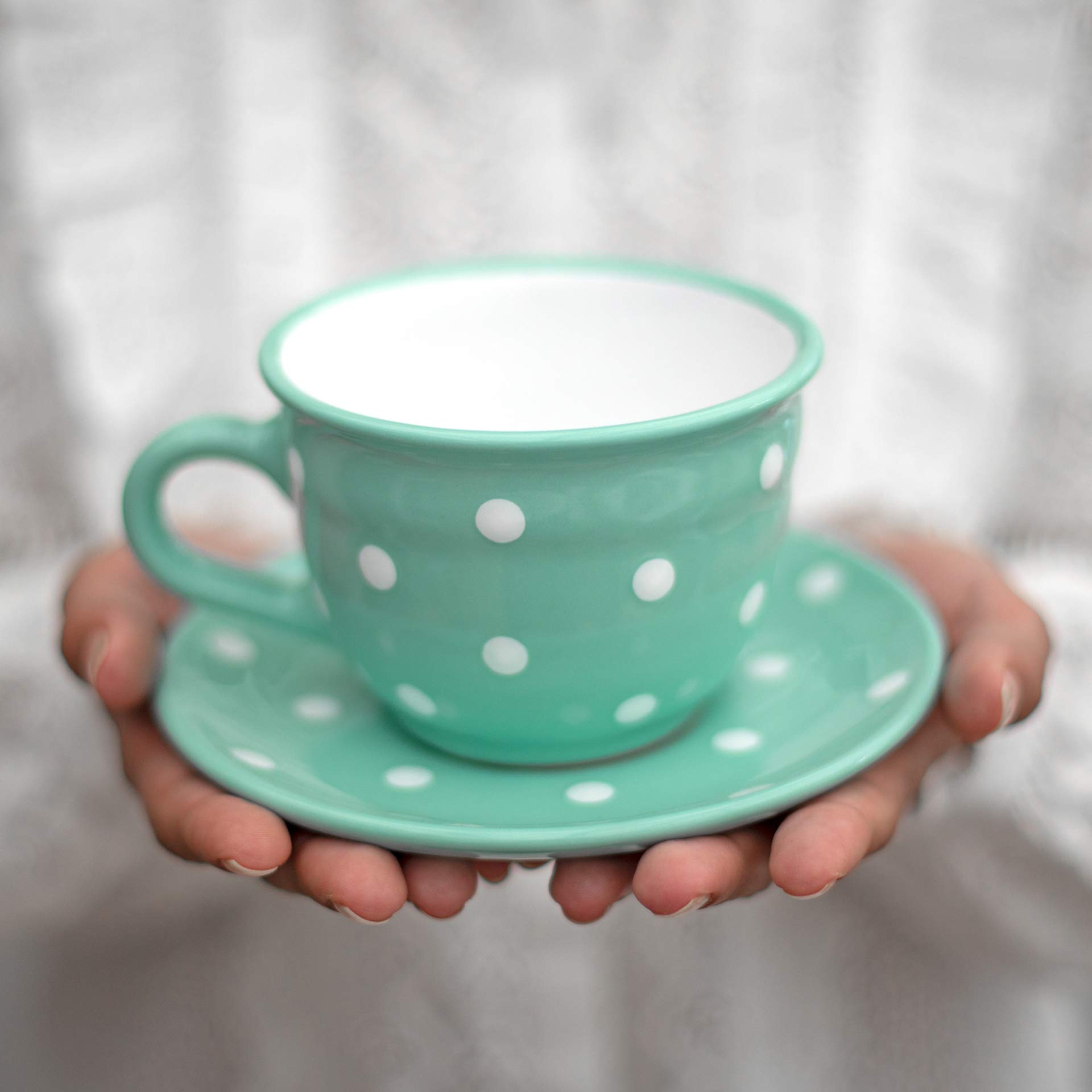 City to Cottage® Teal Blue and White | Polka Dot Spotty | Designer Handmade Hand Painted | Large Unique Ceramic 12oz/350ml | Cappuccino Coffee Tea Cup with Saucer | Gift