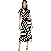 Donna Morgan Womens Mock Neck Short Sleeve Striped Midi Sheath Work Dresses for Professional Women