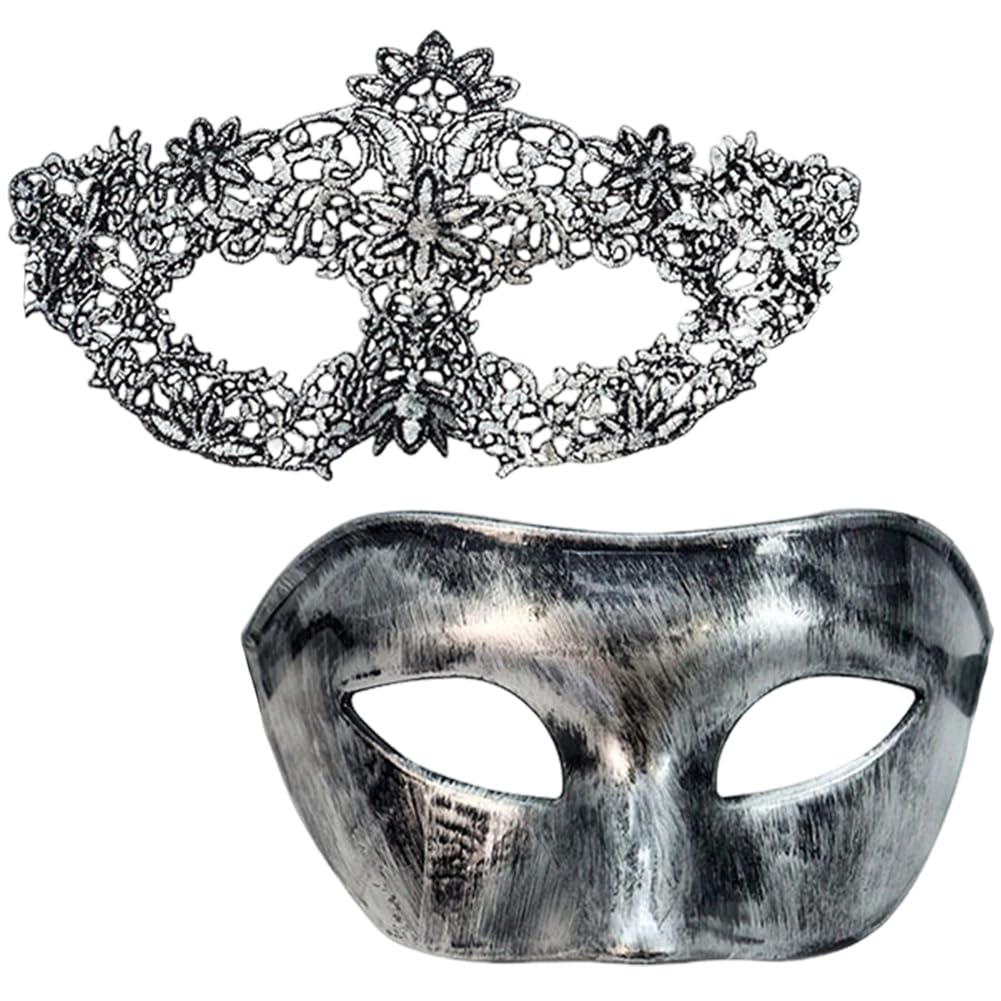 WFKKMEQ Masquerade Mask Couples Set, 2PCS Venetian Party Mask Fancy Dress Accessories Set Masque Costume Dress Party Accessories Cosplay Venetian Masks for βMasquerade Venetian Carnival Dres(Silver)