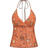 Milumia Women's Sparkly Sequin Halter Crop Top Sheer Mesh Open Back Sleeveless V Neck Cami Tank Top Going Out