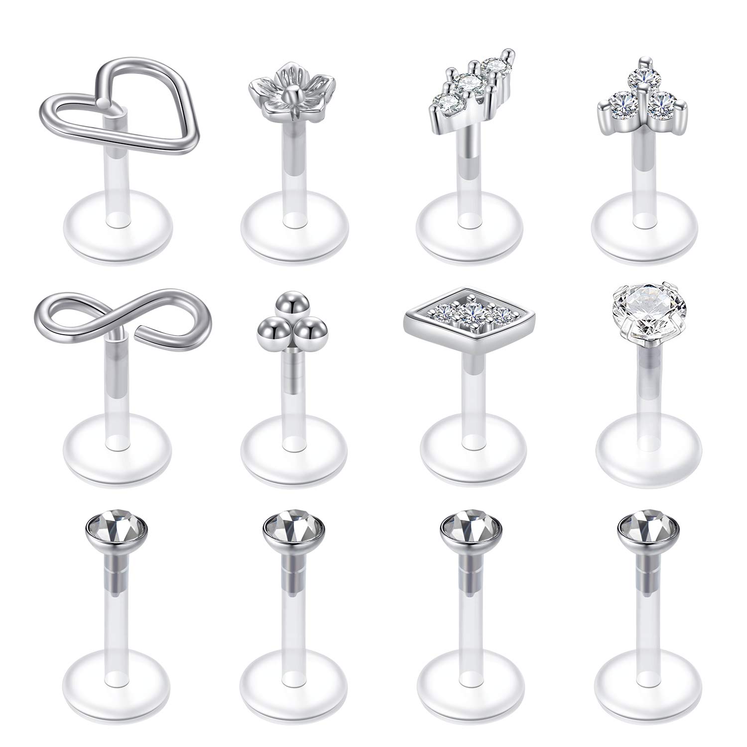 Crdifu 12pcs Bioflex Lip Bars Labret Tragus Helix Cartilage Earring Studs Retainers Flexible Plastic 16G 6/8/10mm