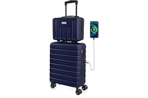 AnyZip Suitcase, 20" Carry On Luggage 14" Mini Cosmetic Cases Luggage Sets Hardside PC ABS Lightweight USB Suitcase with Wheels TSA for kids (2-Piece Set (14/20),DarkBlue)
