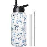 TWBDMKC 32oz Blue Bow Stainless Insulated Aater Water Bottle with Straw,Bow Gym Hiking Sports Coffee Mug Cup Water Bottles,Bow Gifts for Women,Bow Decor Stuff Accessories